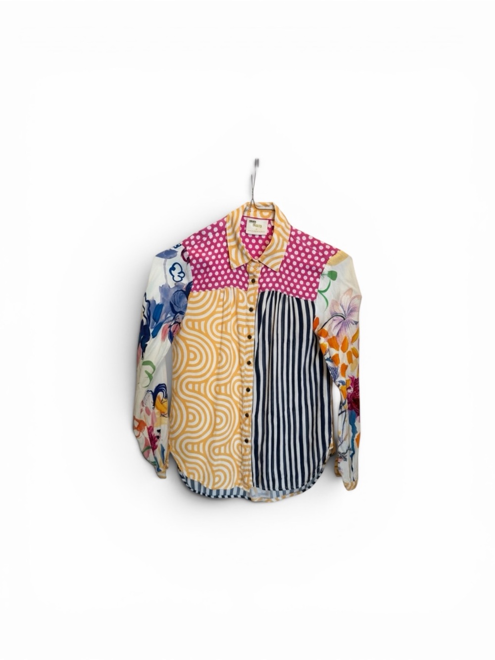 Maeve Colorblock Mixed-Print Button-Down — Pink, Yellow, Blue, White